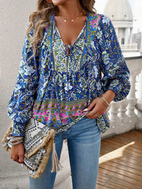 Damen Hemd mit Blumenmuster und V-Ausschnitt - Blau