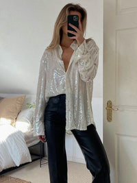 Damen Hemdbluse mit Paillettenbesatz Hemdkragen Langen Ärmeln und Knopfverschluss - Weiß