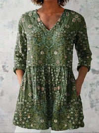 Damen Hemdbluse mit V-Ausschnitt langen Ärmeln und Blumenmuster - Grün