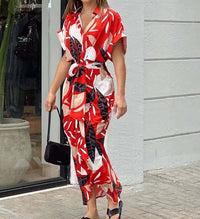 Damen Hemdblusenkleid in Midi-Länge mit Kragen Knopfleiste Bindegürtel und Kurzen Ärmeln - Rot