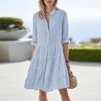 Damen Hemdblusenkleid mit Kragen Knopfleiste Langen Ärmeln Streifenmuster und Stufensaum - Blau