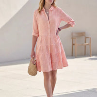 Damen Hemdblusenkleid mit Kragen Knopfleiste Langen Ärmeln Streifenmuster und Stufensaum - Orange