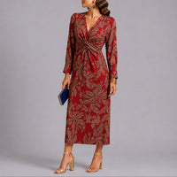 Sophie | Damen Herbst Hochzeitsgast Kleid Boho Blumen Twist Midi V-Ausschnitt - Rot