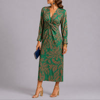Sophie | Damen Herbst Hochzeitsgast Kleid Boho Blumen Twist Midi V-Ausschnitt - Grün