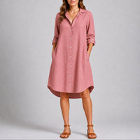 Charlotte | Damen Herbst Hochzeitskleid Langarm Hemdblusenkleid Midi Knopfleiste - Rosa