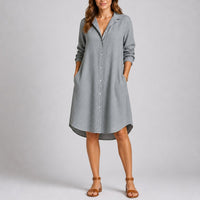 Charlotte | Damen Herbst Hochzeitskleid Langarm Hemdblusenkleid Midi Knopfleiste - Grau