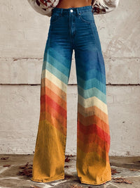 Mia | Damen Hochbund Wide-Leg Jeans Chevron Farbverlauf Retro - Sunset-Chevron-Muster
