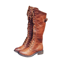 Damen Hohe Schnürstiefel im Reitstil mit Schnallenriemen - Braun