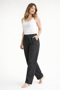 Damen Hose mit geradem Bein, elastischem Bund und Kordelzug - Schwarz