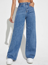 Damen Hose mit hohem Bund weitem Bein Knopfverschluss und Fronttaschen - Dunkelblau