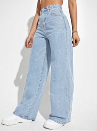 Damen Hose mit hohem Bund weitem Bein Knopfverschluss und Fronttaschen - Hellblau