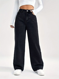 Damen Hose mit hohem Bund weitem Bein Knopfverschluss und Fronttaschen - Schwarz