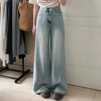 Damen Hose mit Weitem Bein Knopfverschluss Fronttaschen und Gürtelschlaufen - Hellblau