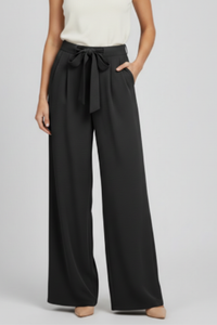Damen-Hose mit weitem Bein und Bindegürtel - Schwarz