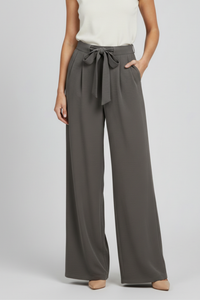 Damen-Hose mit weitem Bein und Bindegürtel - Grau