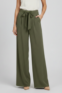 Damen-Hose mit weitem Bein und Bindegürtel - Olivgrün