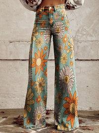 Damen Hose mit weitem Bein und Blumenmuster - Türkis