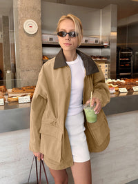 Damen Jacke mit Reißverschluss Kontrastkragen und Taillenbund - Khaki