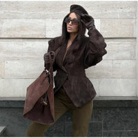 Damen Jacke mit Revers und Schulterpolstern sowie Einknopfverschluss - Braun