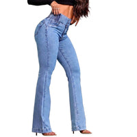 Damen-Jeans mit hoher Taille und ausgestelltem Bein - Hellblau