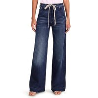 Damen-Jeans mit weitem Bein, hoher Taille und Kordelzug - Dunkelblau