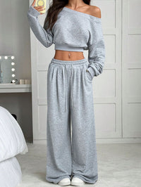 Damen Jogginganzug Set mit Schulterfreiem Oberteil und Weitem Hosenbein und Kordelzug - Grau