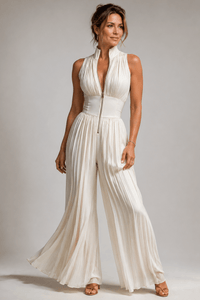 Damen-Jumpsuit mit Blumenmuster, Plissee und weitem Bein - Creme