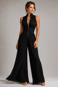 Damen-Jumpsuit mit Blumenmuster, Plissee und weitem Bein - Schwarz