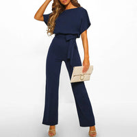 Damen Jumpsuit mit gerafften Ärmeln und Bindegürtel - Blau