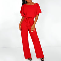 Damen Jumpsuit mit gerafften Ärmeln und Bindegürtel - Rot