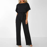 Damen Jumpsuit mit gerafften Ärmeln und Bindegürtel - Schwarz