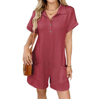 Damen Jumpsuit mit Knopfleiste und Taillenband - Rot