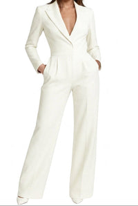 Damen-Jumpsuit mit langen Ärmeln, Reverskragen und weitem Bein - Weiß