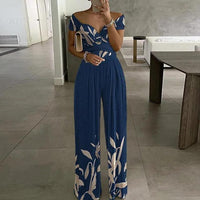 Damen Jumpsuit mit Off-Shoulder-Ausschnitt und Wickeloberteil mit weitem Bein - Blau mit Blätterdruck