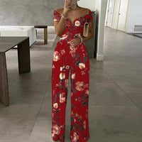 Damen Jumpsuit mit Off-Shoulder-Ausschnitt und Wickeloberteil mit weitem Bein - Rot mit Blumendruck