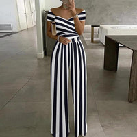 Damen Jumpsuit mit Off-Shoulder-Ausschnitt und Wickeloberteil mit weitem Bein - Weiß-Marine mit Streifen