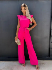 Damen Jumpsuit mit Rüschenärmeln und Bindegürtel - Rosa