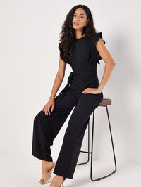 Damen Jumpsuit mit Rüschenärmeln und Bindegürtel - Schwarz