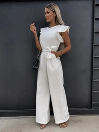 Damen Jumpsuit mit Rüschenärmeln und Bindegürtel - Weiß