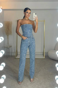 Damen Jumpsuit mit trägerlosen Oberteil und Seitentaschen - Hellblau