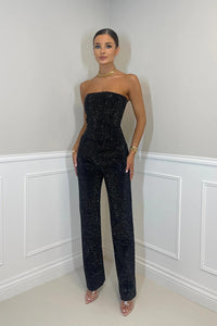 Damen Jumpsuit mit trägerlosen Oberteil und Seitentaschen - Schwarz