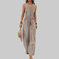 Damen Jumpsuit mit V-Hals Kontrastgürtel Weitem Bein und Geometrischem Muster - Beige