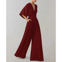 Damen-Jumpsuit mit weitem Bein und V-Ausschnitt - Burgunderrot