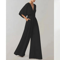 Damen-Jumpsuit mit weitem Bein und V-Ausschnitt - Schwarz