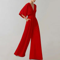 Damen-Jumpsuit mit weitem Bein und V-Ausschnitt - Rot