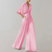 Damen-Jumpsuit mit weitem Bein und V-Ausschnitt - Rosa