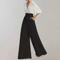 Damen-Jumpsuit mit weitem Bein und V-Ausschnitt - Weiß / Schwarz