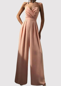 Damen Jumpsuit mit Wickeloberteil Spaghettiträgern Herzausschnitt und Weitem Hosenbein - Aprikose