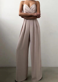 Damen Jumpsuit mit Wickeloberteil Spaghettiträgern Herzausschnitt und Weitem Hosenbein - Beige
