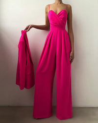 Damen Jumpsuit mit Wickeloberteil Spaghettiträgern Herzausschnitt und Weitem Hosenbein - Pink